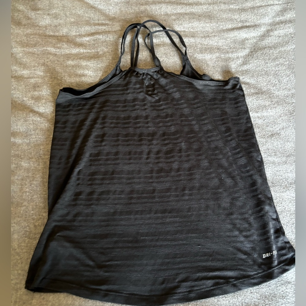 NIKE Dri Fit‎ Striped Black Fabric Criss Cross Double Strap Back Tank Top XS - Picture 3 of 9
